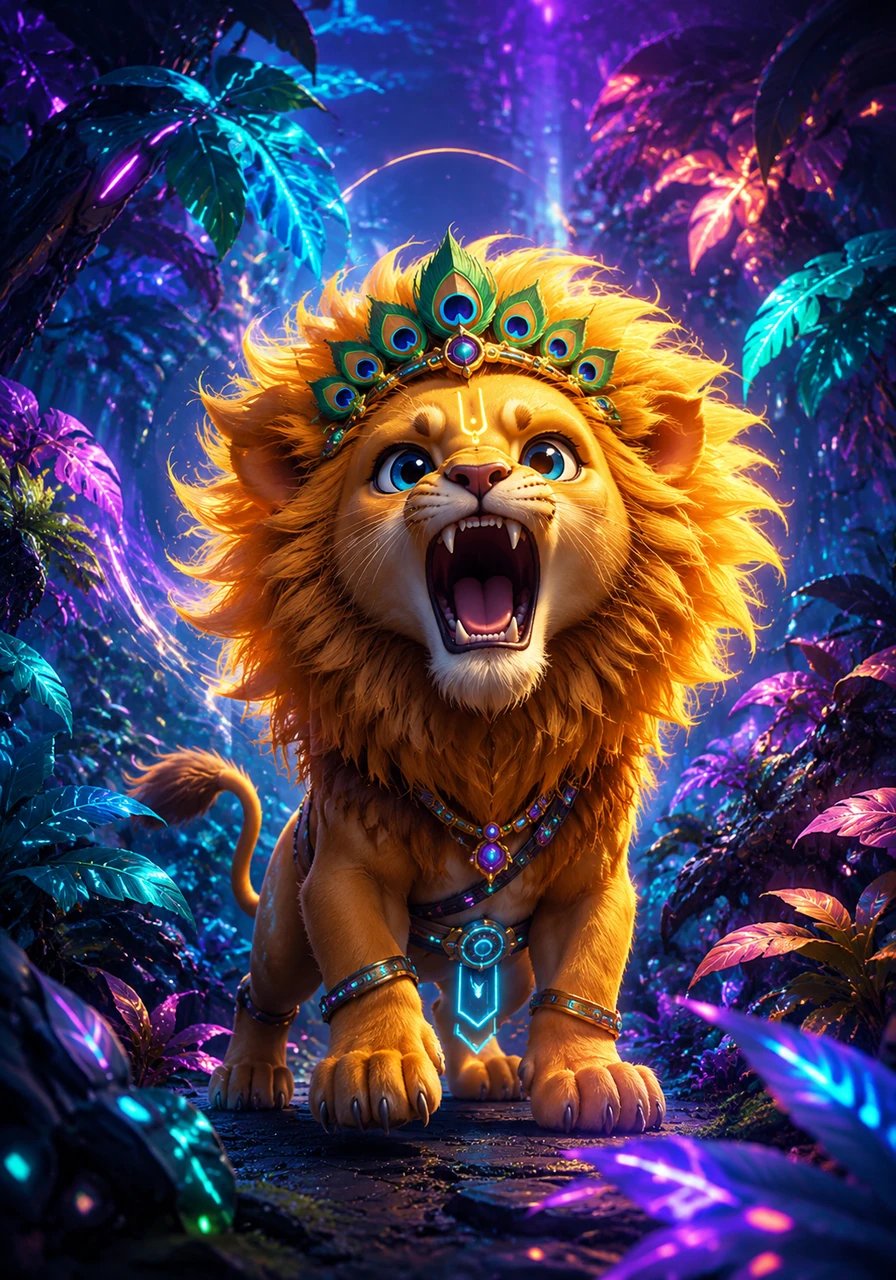 Little Vishnu is a brave lion with a big, fluffy golden mane and sharp claws. He opens his mouth wide and lets out a giant, friendly roar that makes all the colorful jungle leaves shake and dance.