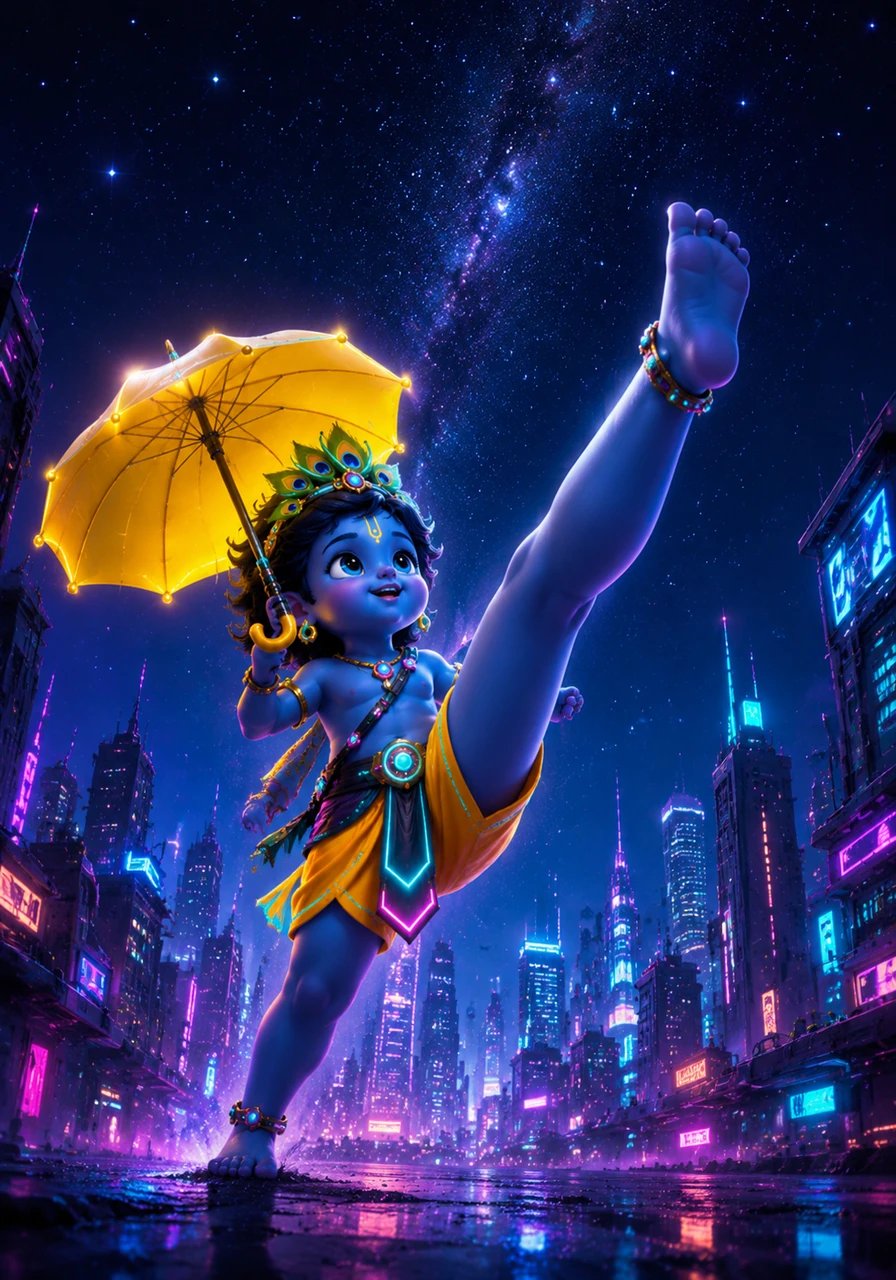 Little Vishnu is a tiny boy holding a bright yellow umbrella to stay dry. He takes one small step, two small steps, and then a giant third step that reaches all the way up to the twinkly stars in the sky.