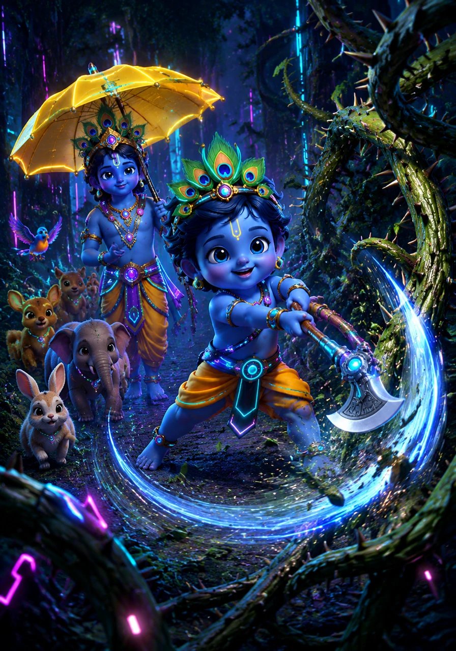 Little Vishnu is a strong forest hero with a shiny silver axe. He swings his arms in big circles to clear a path through the tall, prickly vines so all his animal friends can walk through the woods.
