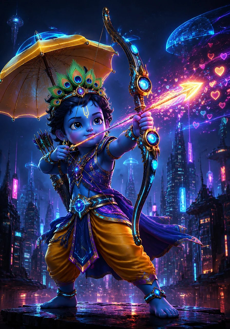 Little Vishnu is a noble prince with a long, curved bow and a quiver of arrows. He stands tall and pulls the string back—zip!—sending a message of kindness and love to everyone in the kingdom.
