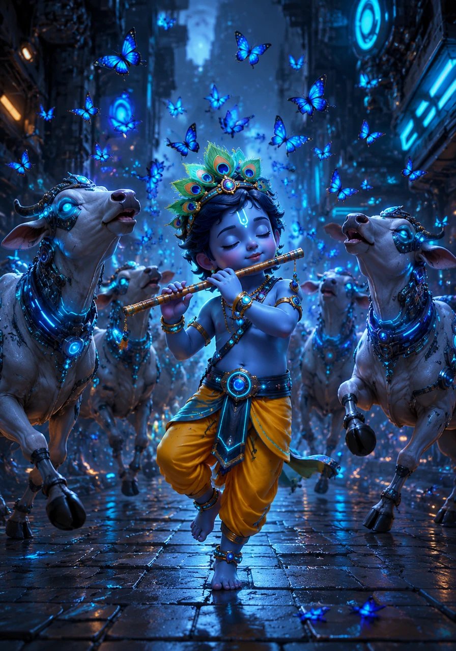 Little Vishnu is a playful boy playing a magical wooden flute that sounds like birds singing. The cows go moo and dance in circles while blue butterflies flutter around his crown of peacock feathers.
