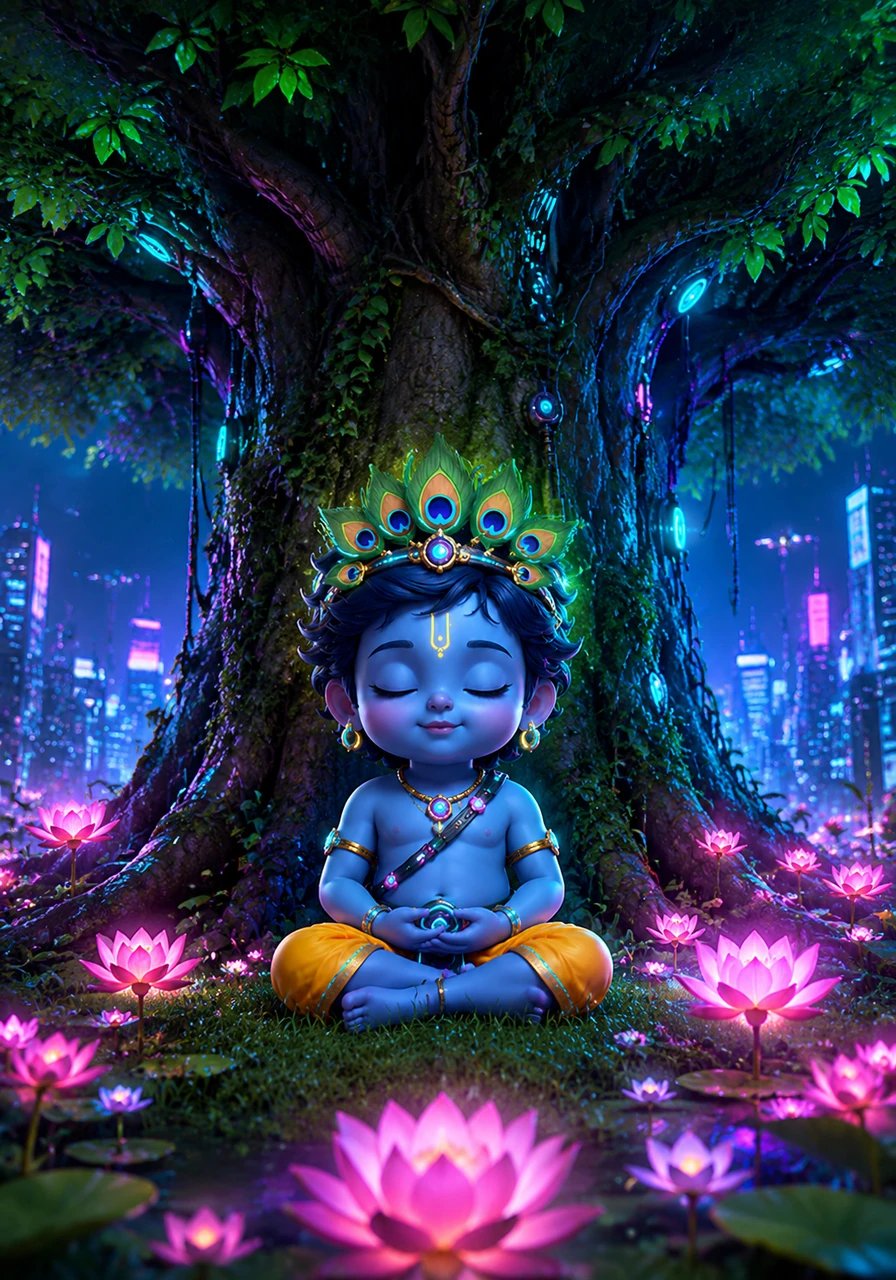 Little Vishnu sits very still and quiet under a big, leafy green tree. He closes his eyes, takes a deep breath, and feels very peaceful while bright pink lotus flowers bloom all around him in the grass.