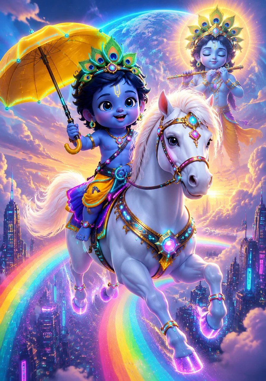 Little Vishnu rides a magnificent white horse with a long, flowing tail and sparkly hooves. They gallop, gallop, gallop across the rainbow sky to bring bright light and happiness to the whole wide world.
