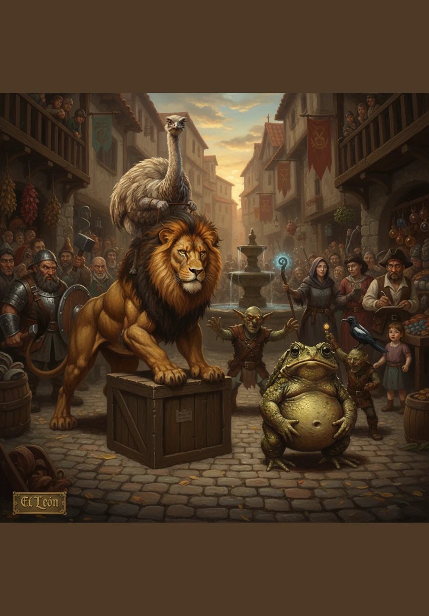 El león aceptó el reto con una sonrisa llena de colmillos, estableciendo que la carrera iría desde la Plaza del Reloj hasta el Bosque de los Duendes. Si él ganaba, el sapo y el ñandú se convertirían en su cena sin más discusiones.