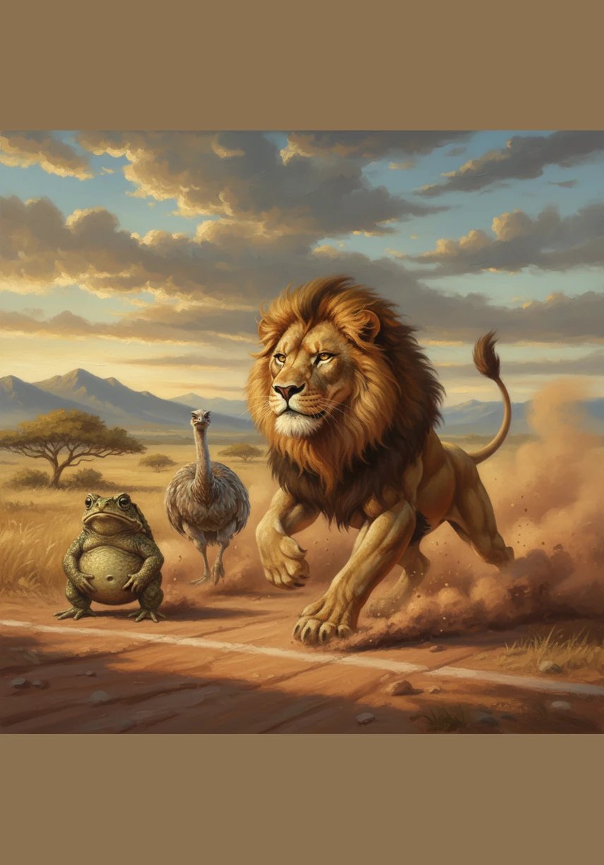 A las ocho y cuarenta de la mañana siguiente, la carrera comenzó y el león salió disparado como una flecha dorada por el camino. Dejando una nube de polvo atrás, el gran felino estaba seguro de que la victoria y su banquete ya eran suyos.