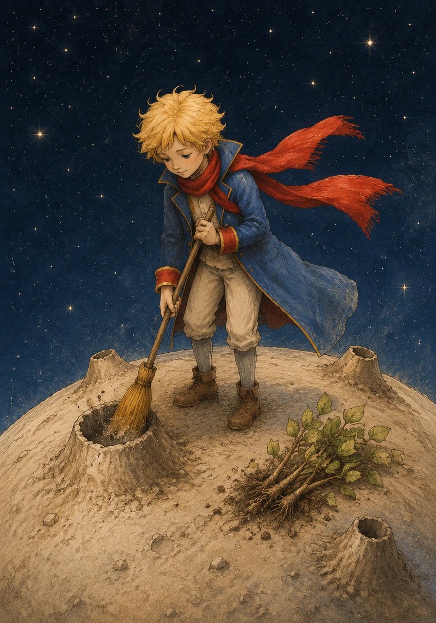 On the tiny Asteroid B612, an eleven-year-old boy named the Little Prince lives quietly, wearing a blue coat and a bright red scarf. He spends his days carefully sweeping out his small volcanoes and pulling up dangerous baobab sprouts before they can overrun his home.