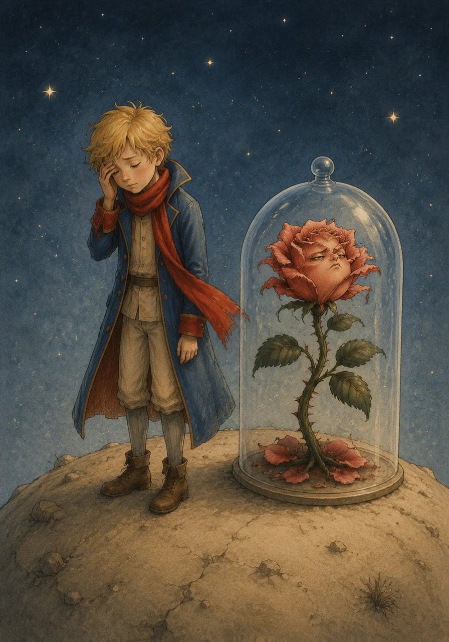 One day, a beautiful and mysterious Rose blossoms on the planet, capturing the Little Prince's heart with her elegance. However, she proves to be proud and demanding, constantly needing glass globes and screens to protect her from the wind until her vanity completely exhausts him.