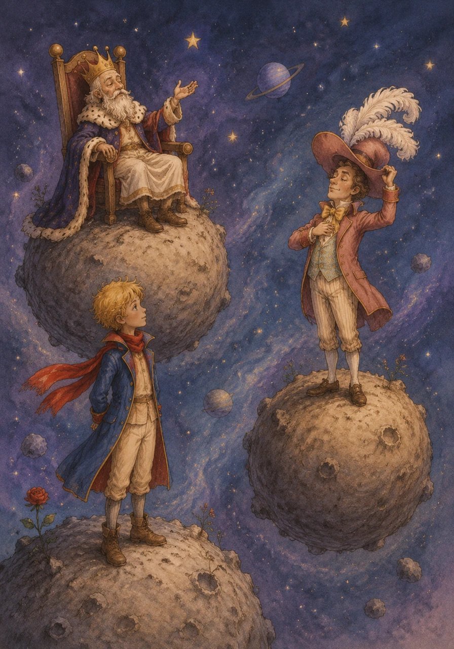 Seeking answers, the Little Prince begins a journey across neighboring planets, first meeting a solitary King who commands the universe with reasonable laws. Next, he visits a Vain Man who wears a magnificent hat and only cares about hearing applause and praise from visitors.