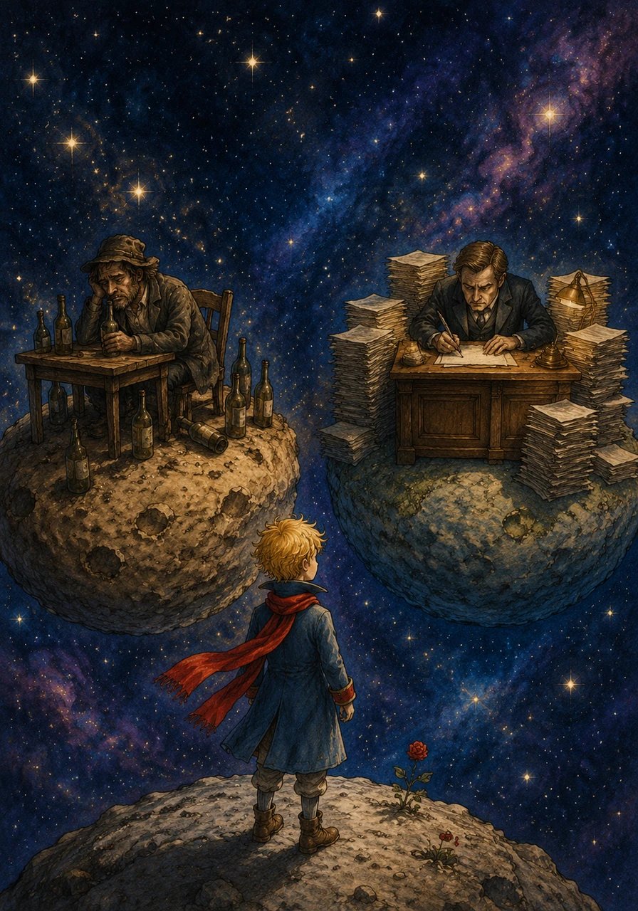 Continuing his voyage, the boy visits a somber planet where a Drunkard drinks to forget the shame of his drinking habit. He then travels to a fourth planet ruled by a busy Businessman, who endlessly counts the stars and claims ownership over them just to feel wealthy.