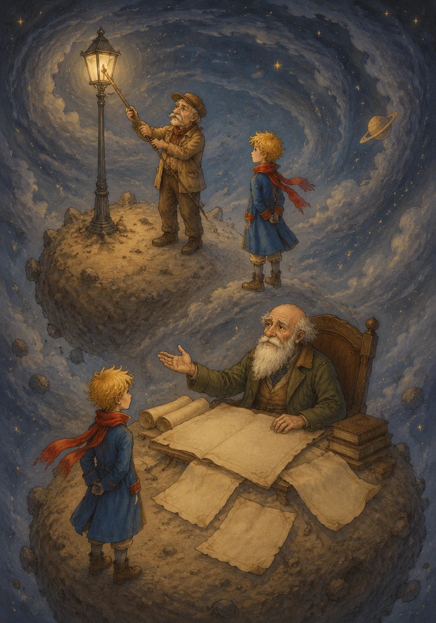 On a tiny world where a day lasts only one minute, the Prince admires a hardworking Lamplighter who selflessly lights and extinguishes his lamp. Afterward, he visits a grand Geographer who records maps but has never seen the world, who advises the boy to visit Earth.