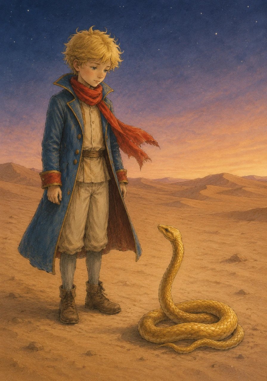 The Little Prince lands in the vast, quiet desert of Earth, where his very first encounter is with a golden, mysterious Snake. The creature speaks in riddles and softly promises that her powerful venom can one day send him back to his distant home whenever he wishes.