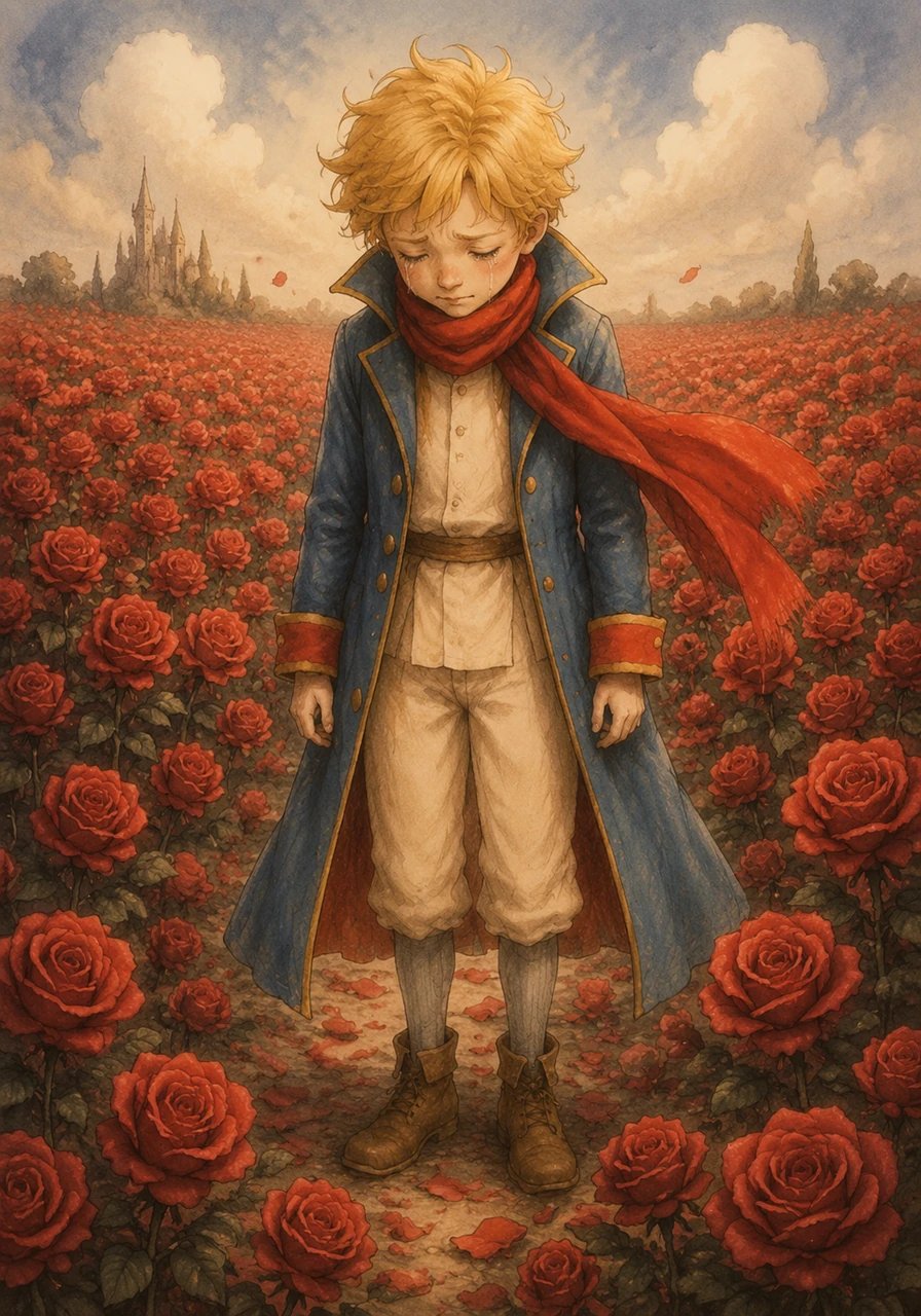 As the boy wanders across the planet, he discovers a lush garden overflowing with thousands of blooming roses. He weeps in disappointment, realizing that his beloved Rose back home is not unique or one-of-a-kind in the universe as she had proudly claimed.