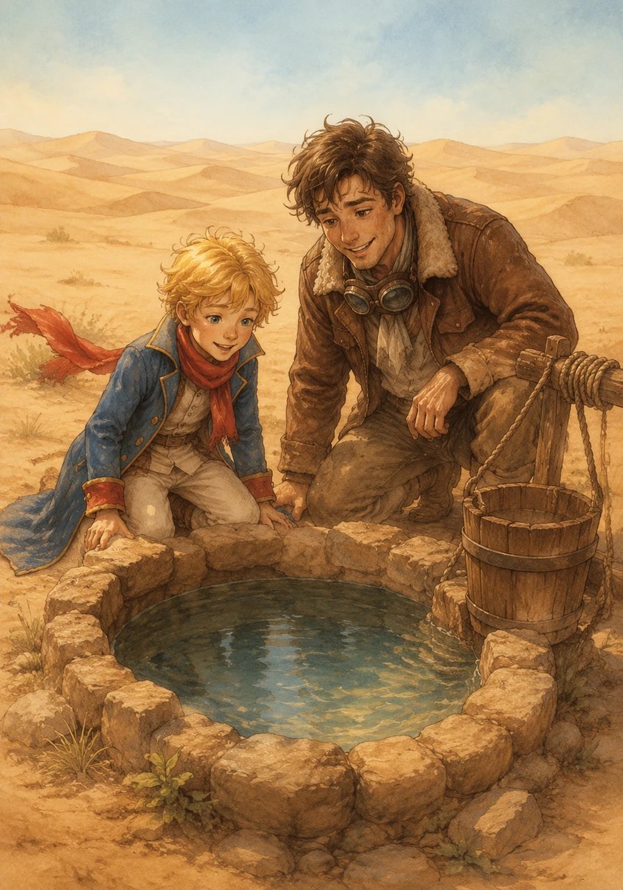 After meeting a busy Railway Switchman and a water-saving Merchant, the Prince spends days sharing his cosmic stories with a stranded Pilot in the desert. On the eighth day, they search the vast sands together and find a beautiful, life-saving well of cool water.
