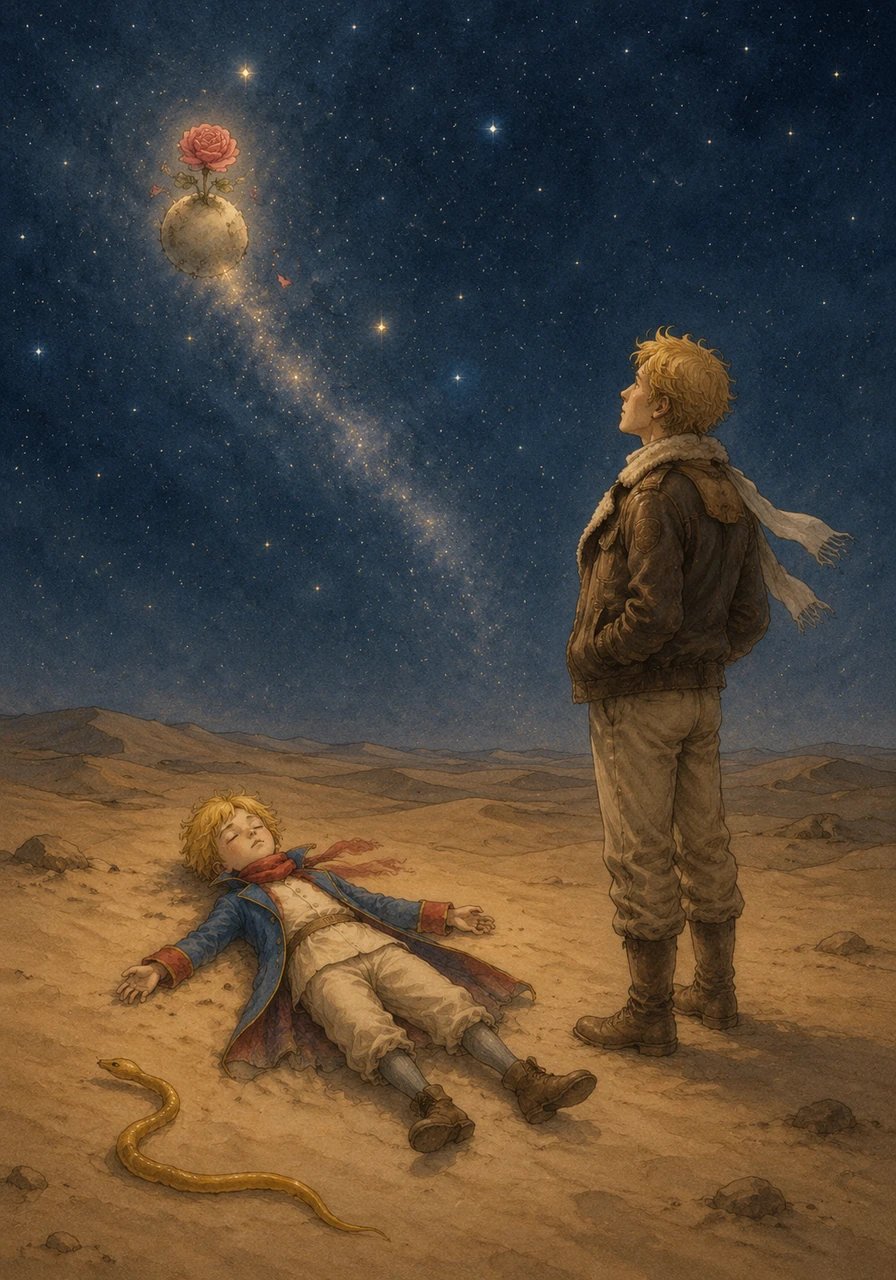 Realizing his responsibility to his Rose, the Little Prince allows the golden Snake to bite him so his spirit can journey home. His heavy earthly body falls gently onto the sand, leaving the Pilot to look up at the starry sky, knowing his friend is finally back on B612.