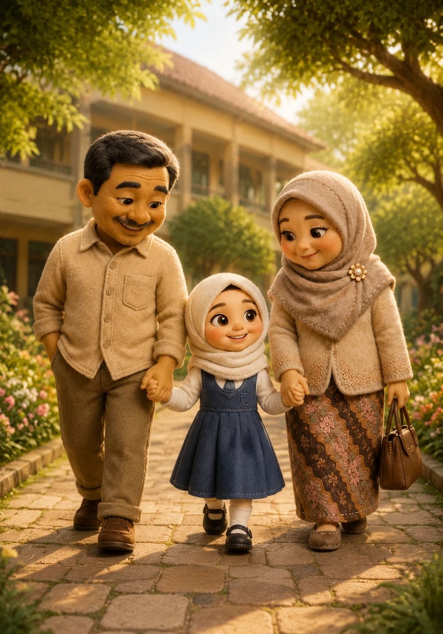 Matahari pagi bersinar cerah di atas MI Wakhid Hasyim, sebuah sekolah yang dikelilingi oleh pepohonan hijau yang rindang dan taman bunga yang asri. Hafsoh berjalan riang di jalan setapak sekolah, menggandeng erat tangan Ayah Wakhid dan Ibu Rina. Hari ini adalah hari yang sangat istimewa karena ayah dan ibunya sengaja meluangkan waktu bersama untuk mengambil rapor hasil belajarnya.