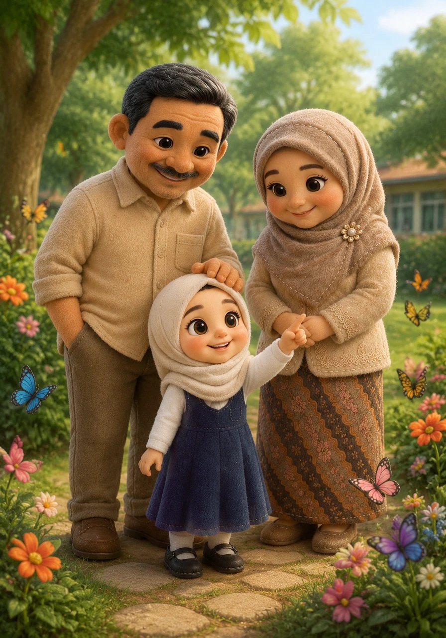 Hafsoh menunjukkan taman sekolah yang penuh dengan kupu-kupu menari kepada orang tuanya. Ayah Wakhid tersenyum lebar sambil mengusap lembut kepala Hafsoh, sementara Ibu Rina memandangi putrinya dengan penuh rasa bangga. Suasana sekolah terasa sangat sejuk, damai, dan dipenuhi suara kicauan burung yang merdu.