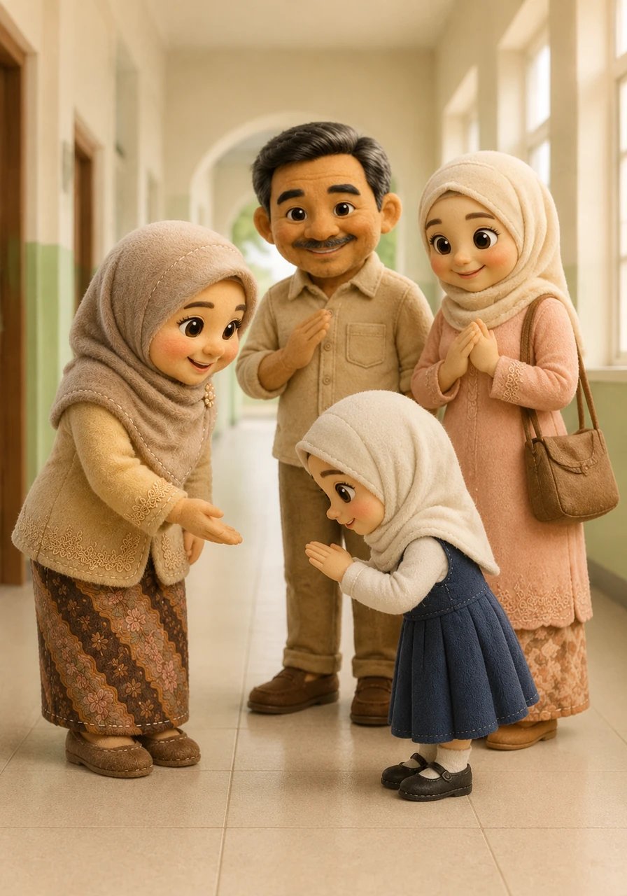 Di koridor sekolah yang bersih, mereka berpapasan dengan Bu Istiqomah, wali kelas Hafsoh yang terkenal sangat ramah dan sabar. Bu Istiqomah menyapa keluarga kecil itu dengan senyuman hangat yang menenangkan hati. Hafsoh langsung memberikan salam dengan takzim kepada gurunya, diikuti oleh sapaan ramah dari kedua orang tuanya.