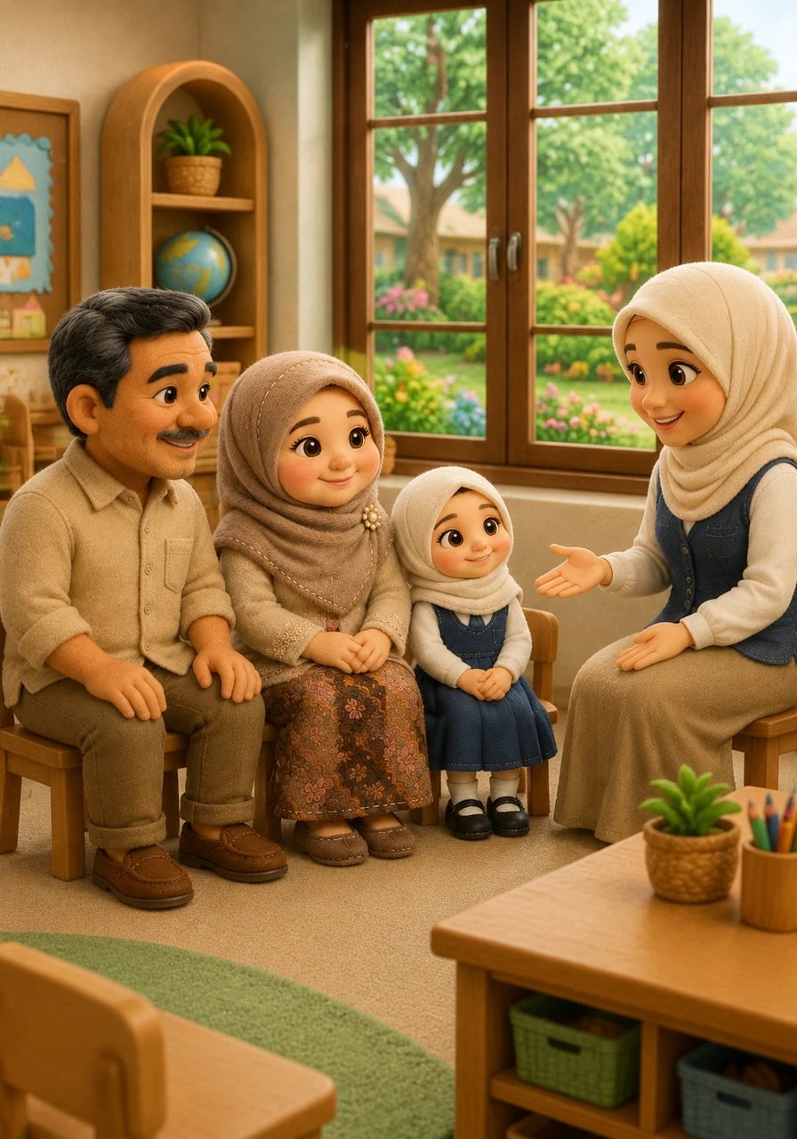 Mereka kemudian memasuki ruang kelas yang tertata rapi dengan jendela besar yang menghadap langsung ke kebun sekolah. Bu Istiqomah mengajak Ayah Wakhid dan Ibu Rina duduk di kursi depan, sementara Hafsoh duduk dengan tenang di samping ibunya. Jantung Hafsoh berdebar sedikit kencang, namun rasa senangnya jauh lebih besar.