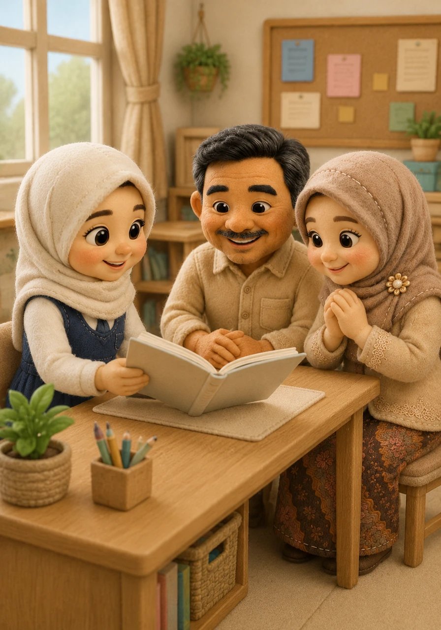 Bu Istiqomah membuka buku rapor Hafsoh dengan perlahan sambil mulai menjelaskan perkembangan belajarnya selama satu semester ini. Beliau memuji kemandirian Hafsoh yang selalu rajin dan suka membantu teman-temannya di kelas. Mendengar hal itu, senyum kebahagiaan langsung terpancar dari wajah Ayah Wakhid dan Ibu Rina.