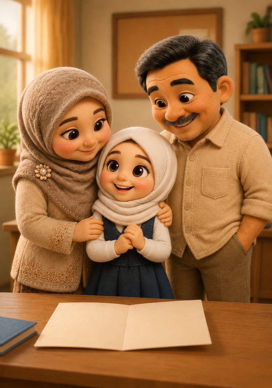 Ketika Bu Istiqomah menunjukkan nilai-nilai Hafsoh yang sangat baik, Ibu Rina spontan merangkul pundak Hafsoh dengan penuh kasih sayang. Ayah Wakhid mengangguk-angguk bangga dan memberikan tatapan penuh apresiasi kepada putri tercintanya. Hafsoh merasa seluruh kerja kerasnya saat belajar di kelas dan di rumah terbayarkan seketika.