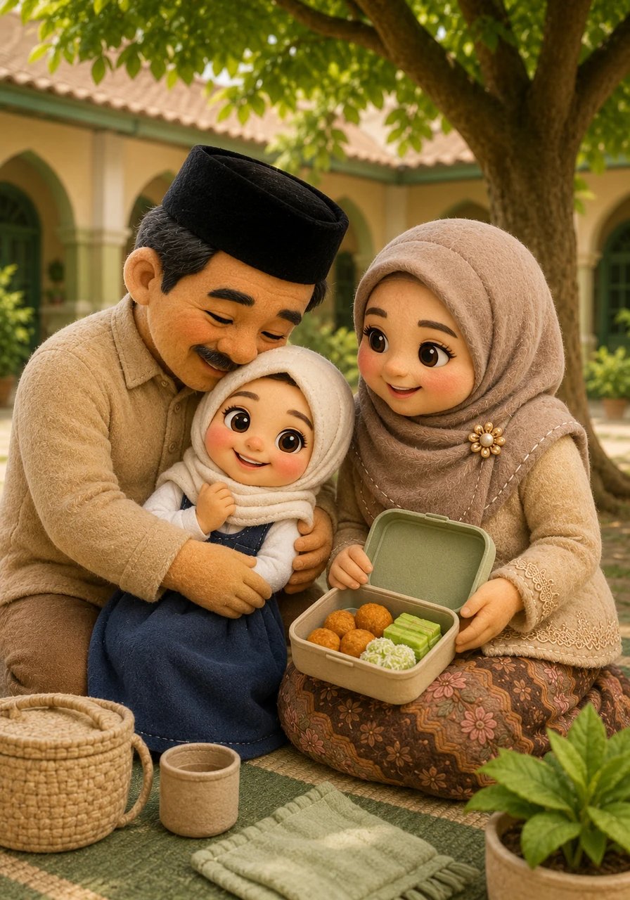 Ibu Rina membuka kotak bekal berisi camilan kue buatan rumah yang sengaja dibawa untuk merayakan hari bahagia ini. Ayah Wakhid memeluk Hafsoh dengan erat dan membisikkan kata-kata pujian yang membuat hati Hafsoh buncah oleh rasa senang. Di bawah naungan alam MI Wakhid Hasyim yang asri, momen kebersamaan ini terasa begitu sempurna.