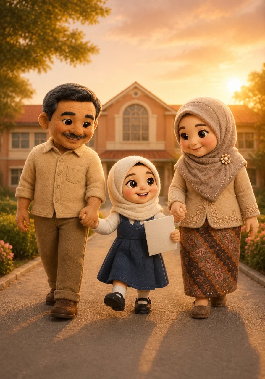 Sore hari tiba, keluarga kecil itu berjalan pulang meninggalkan area sekolah dengan hati yang dipenuhi rasa syukur. Hafsoh berjalan di tengah, memegang rapor barunya dengan bangga sambil berayun-ayun di antara genggaman tangan ayah dan ibunya. Pengalaman hari ini menorehkan kenangan manis yang tidak akan pernah dilupakan oleh Hafsoh sepanjang hidupnya.