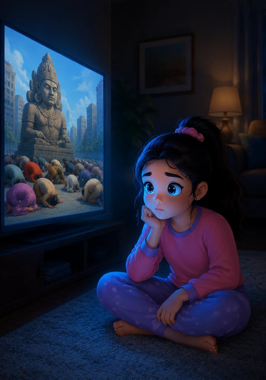 Karla sits on the carpet in the dimly lit living room, her eyes wide as she watches a screen displaying images of people from various backgrounds bowing before a stone idol. She feels a sense of confusion and curiosity, wondering why civilized people in a big city would speak their problems to a piece of stone. The soft blue glow of the television illuminates her thoughtful face.