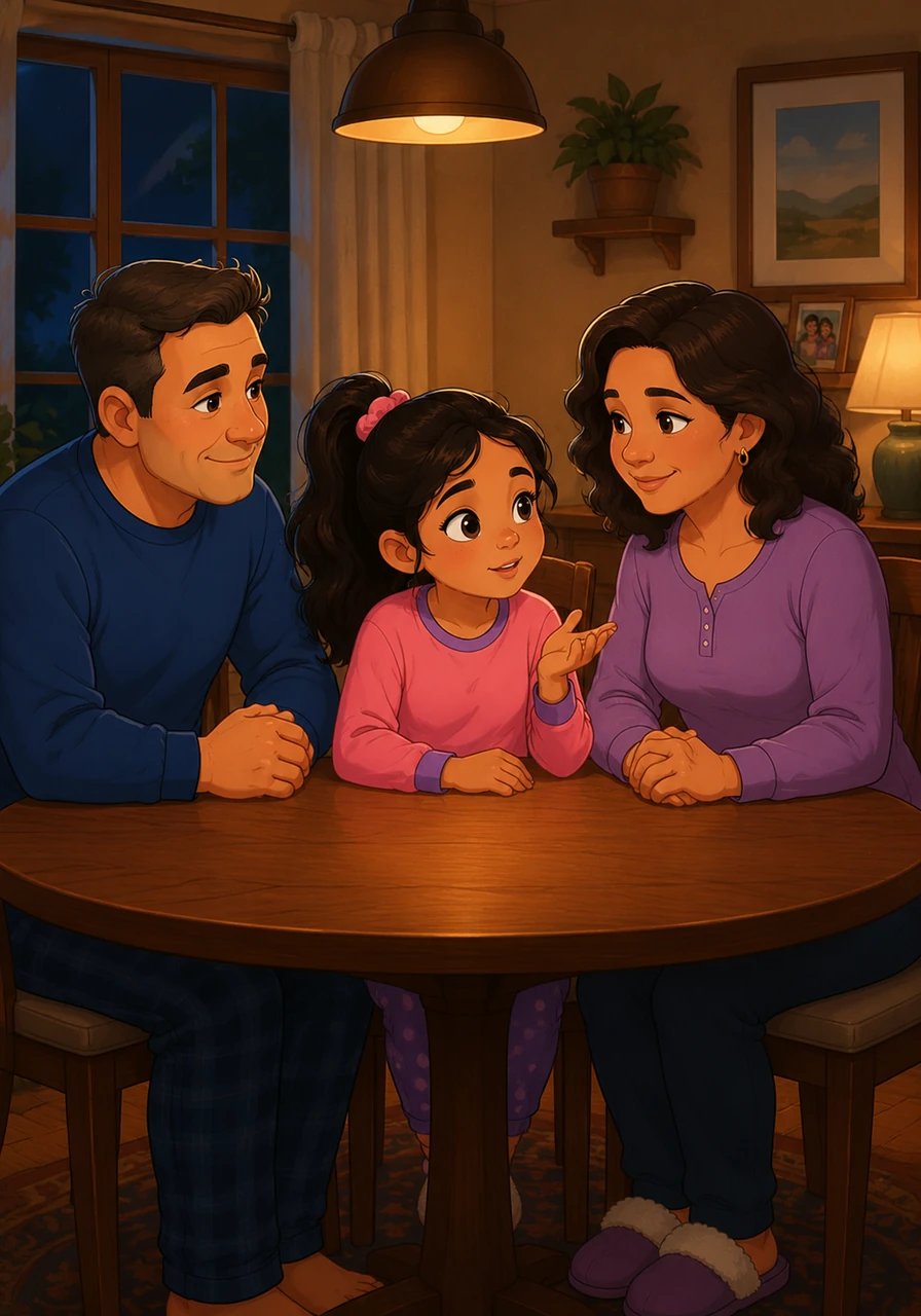 That evening, Karla sits at the dinner table with her mother and father, the plates cleared away. She looks intently at her father and asks the deep, challenging question of how one truly knows they have found the right God. Her parents exchange a loving, encouraging glance before turning their full attention to her.