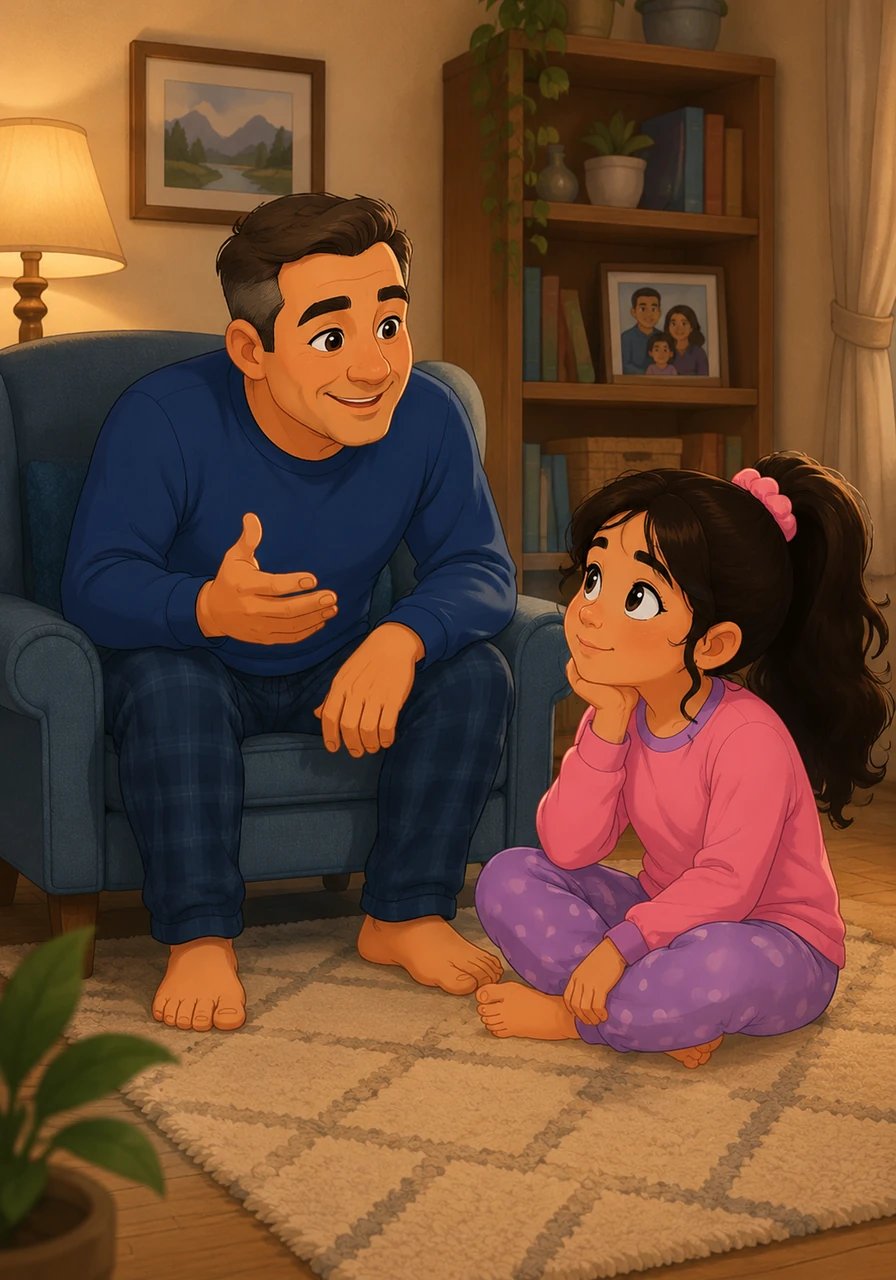 Her father sits comfortably in his chair, leaning forward to gently explain that while many people search for meaning, the Bible teaches there is only one true God. He describes how this God is the majestic Creator who fashioned the earth and every human being upon it. Karla listens intently, her chin resting in her hand as she processes these new concepts.