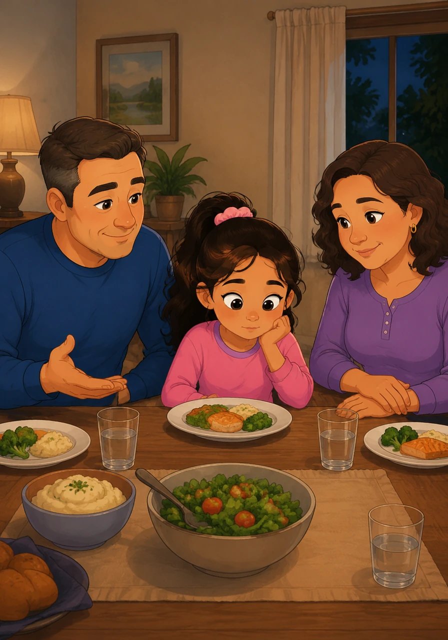 Karla looks down at her plate, considering the millions of people in the pictures who sincerely believe in their own idols. She whispers that they all seem so convinced they have found the truth. Her father nods in understanding, validating her observation while preparing to share the core of their faith.