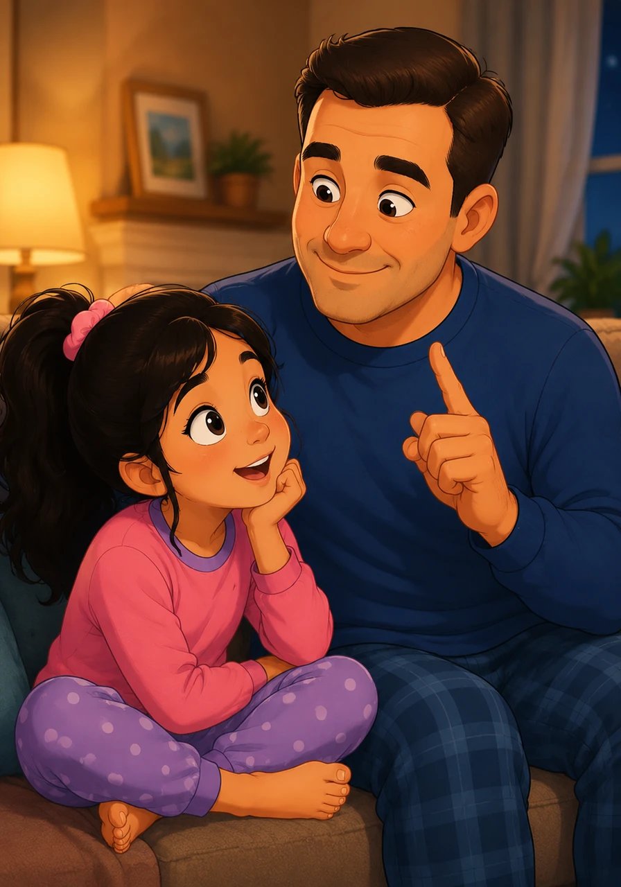 Karla looks up at her father with a sparkle of realization in her eyes as she asks if they believe because He is so great. Her father smiles and gently shakes his head, explaining that there is a much deeper reason beyond just the wonder of His creative power. The warm living room light casts a soft glow over their quiet, bonding moment.