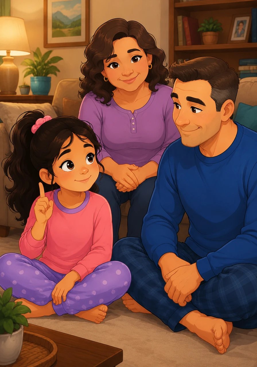 Karla nods confidently, suggesting that they believe because He sent His Son, Jesus, to die for them. She feels a sense of familiarity with this truth, yet she knows there is still more to understand. Her father looks at her with pride, confirming that she is on the right track but encouraging her to think deeper still.