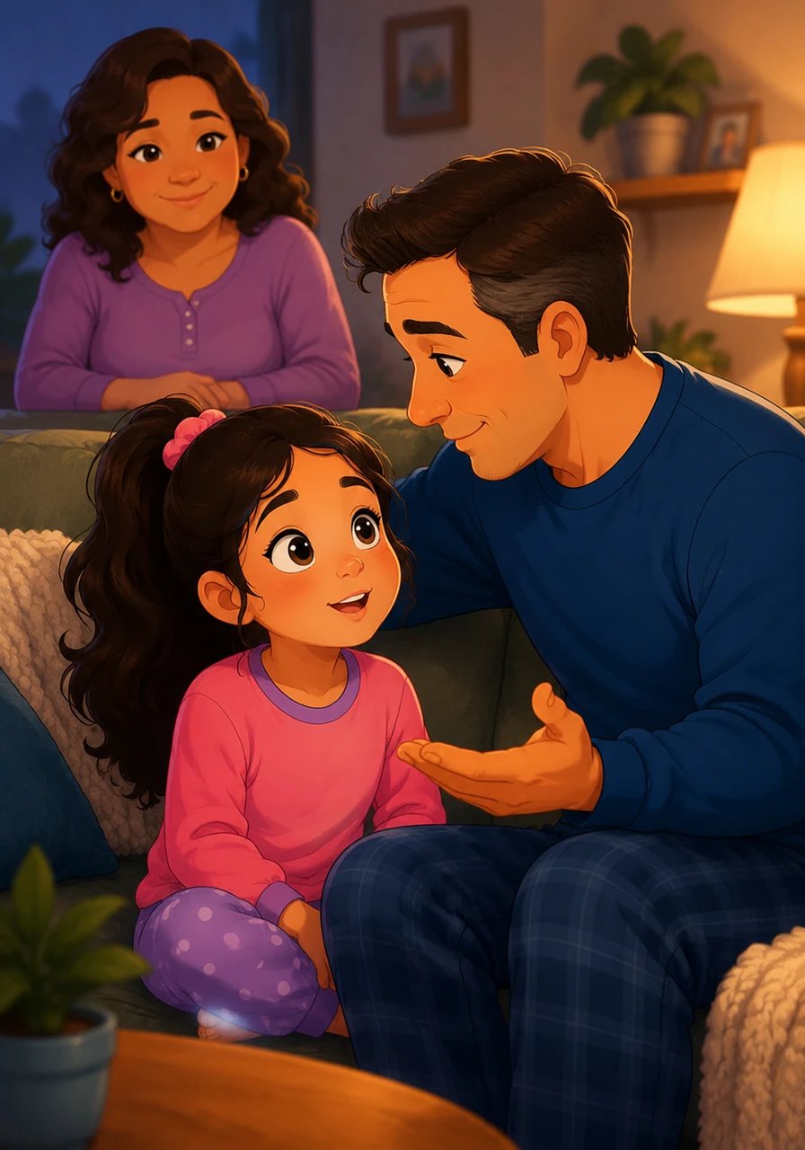 Her father leans in closer and explains the incredible truth that Jesus did not just die, but that He arose again. He emphasizes that no other religion in the world worships a Savior who is truly alive. Karla sits up straighter, her expression filled with awe at the significance of a living, active Savior.