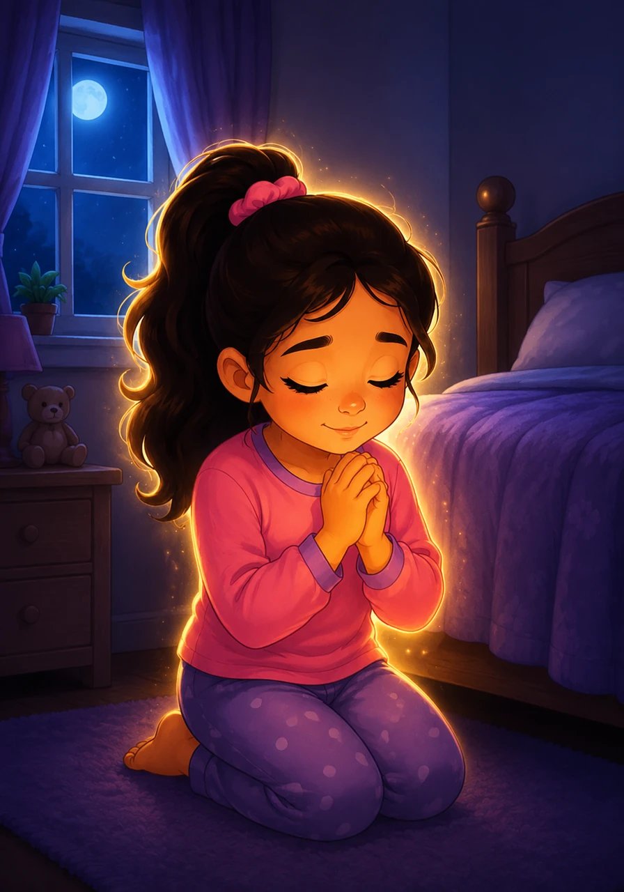 Karla kneels by her bed in the quiet moonlight, her hands clasped together in sincere prayer. She asks her living God for the courage and the words to tell others about the living Savior of the world. A soft, hopeful light surrounds her, symbolizing the peace and strength she has found in her faith.