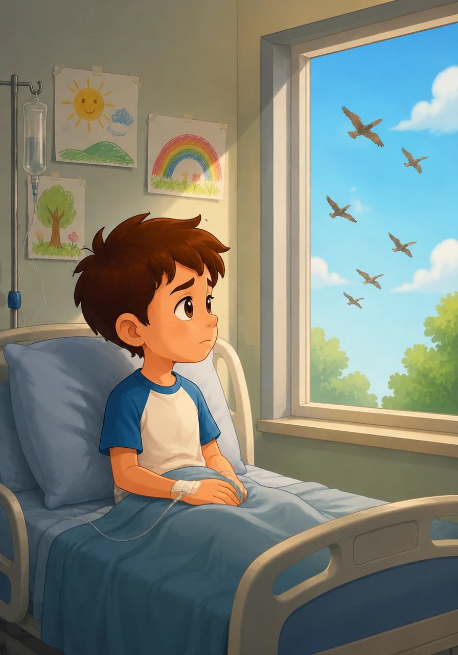 Léo est assis dans son lit d'hôpital, un peu triste, regardant par la fenêtre les oiseaux voler librement dans le ciel bleu. Sa chambre est calme, décorée de quelques dessins d'enfants joyeux accrochés aux murs.