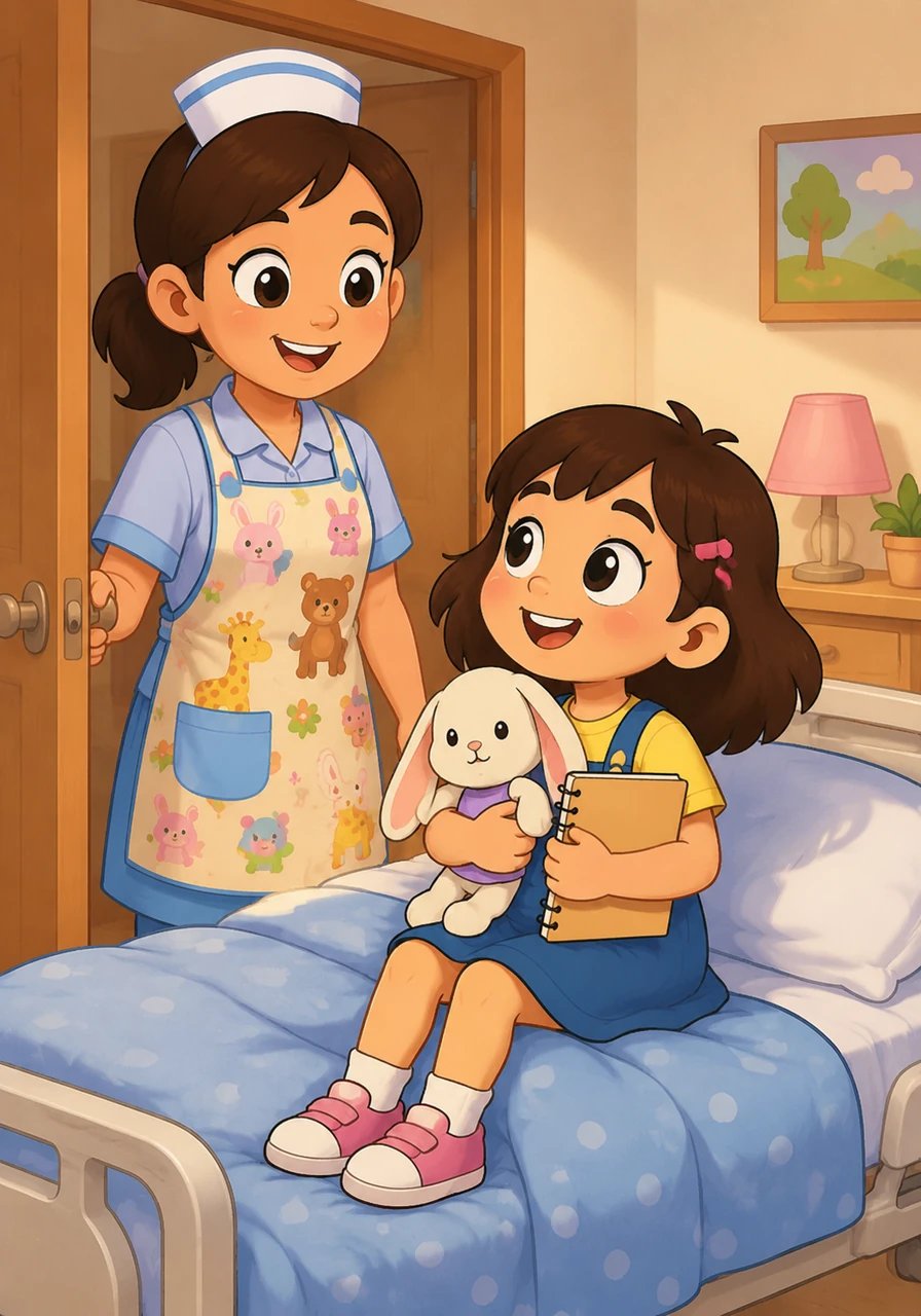 Une infirmière souriante, portant un tablier coloré avec des motifs d'animaux rigolos, entre avec une petite fille nommée Mia. Mia tient un doudou lapin et un carnet de dessins sous son bras, s'installant dans le lit voisin.