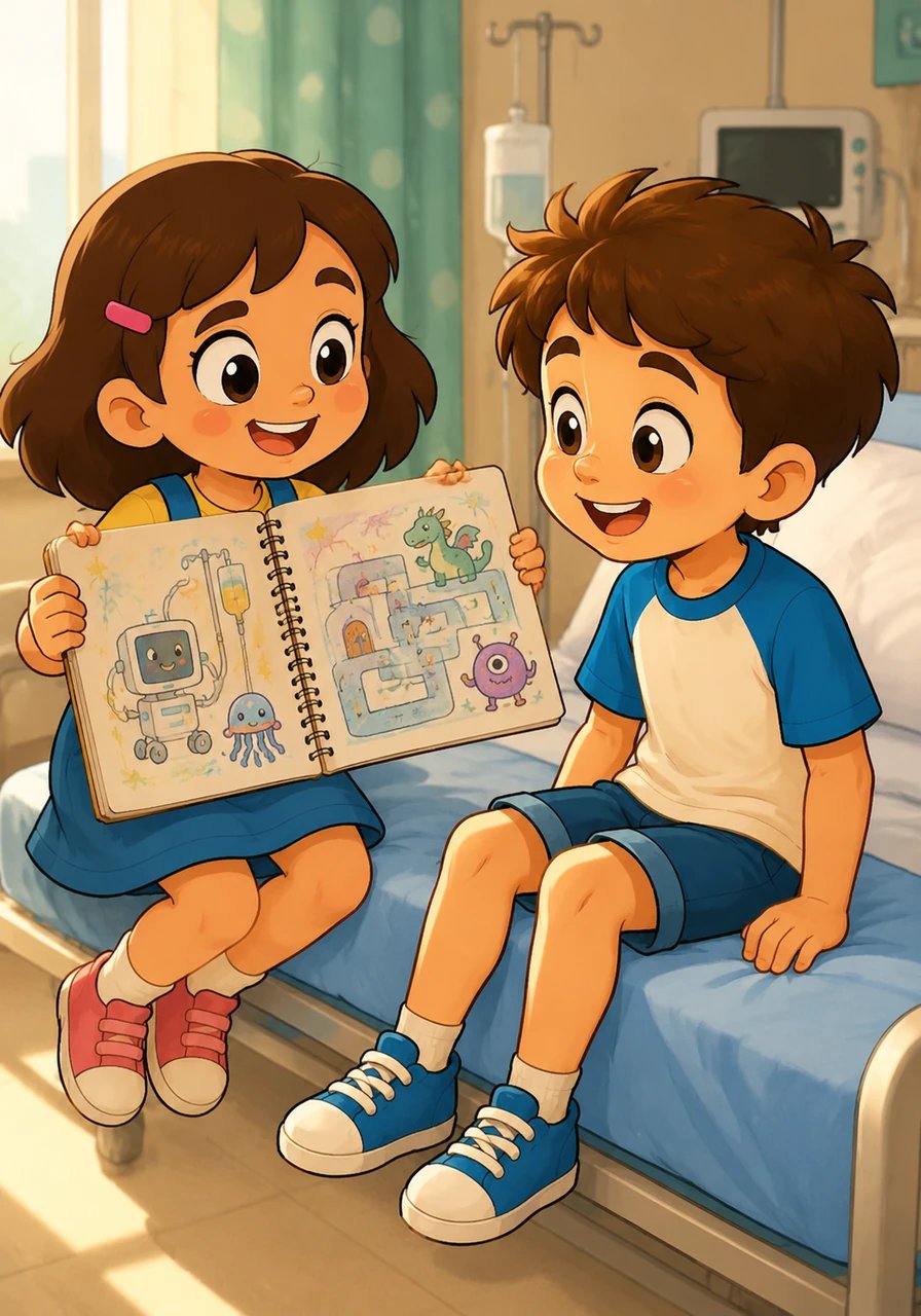 Mia montre ses dessins à Léo, transformant les équipements médicaux en créatures fantastiques et les couloirs en labyrinthes mystérieux. Léo sourit pour la première fois depuis son arrivée, intrigué par l'imagination débordante de sa nouvelle amie.
