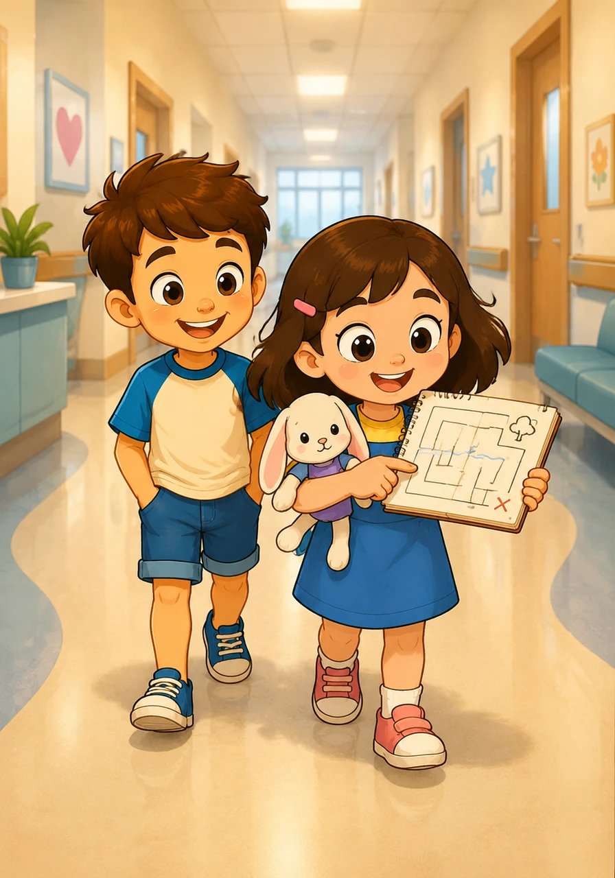 Le lendemain, avec la permission de l'infirmière, Léo et Mia se lancent dans leur première 'expédition'. Ils s'aventurent prudemment dans le couloir, guidés par la carte au trésor que Mia a dessinée dans son carnet.