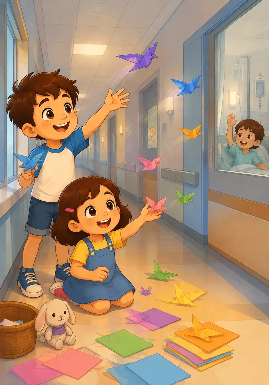 Plus tard, ils fabriquent des avions en papier en forme d'oiseaux colorés. Ils les lancent doucement vers les autres enfants isolés dans leurs chambres, partageant ainsi un message d'espoir et d'imagination à travers les couloirs de l'hôpital.
