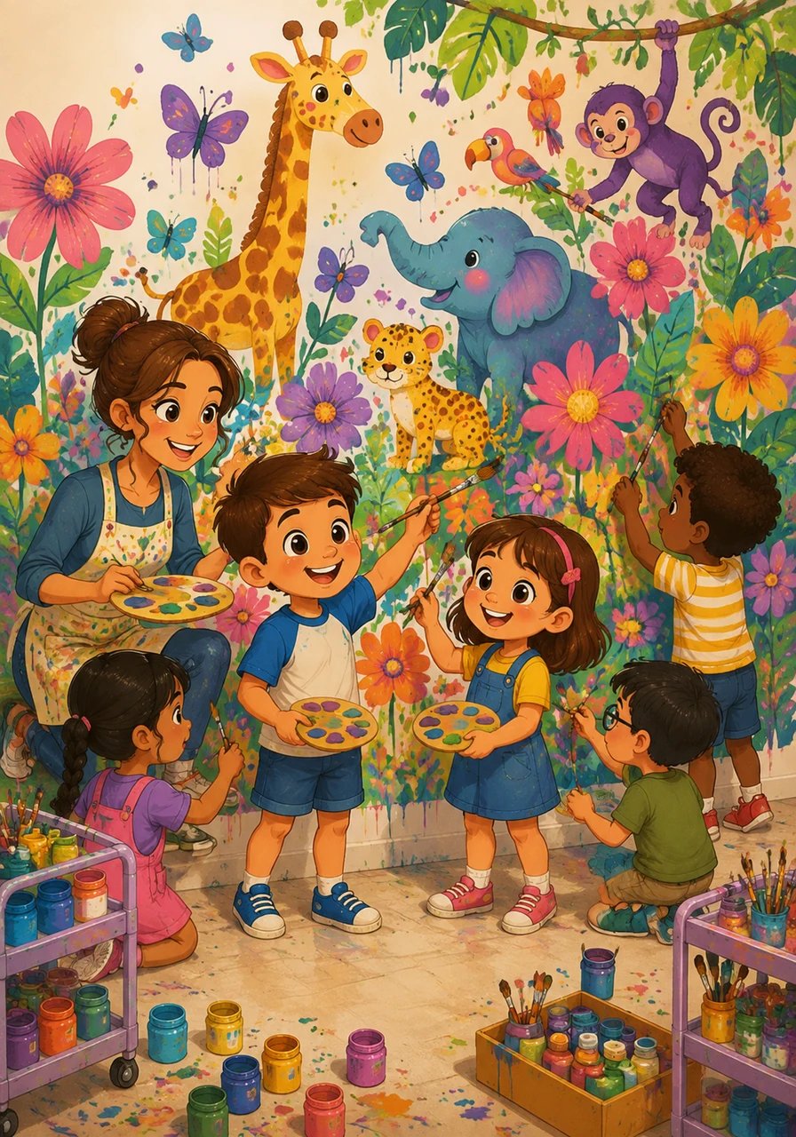 Une art-thérapeute arrive avec des peintures et des pinceaux, invitant Léo, Mia et d'autres enfants à s'exprimer. Ensemble, ils transforment une grande murale blanche en une jungle fantastique et colorée, remplie d'animaux imaginaires et de fleurs géantes.