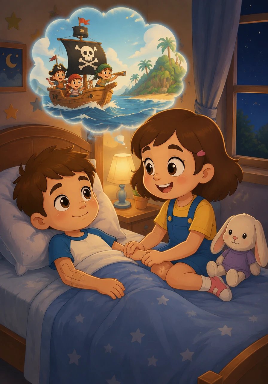 Un soir, Léo se sent fatigué et a un peu mal après ses soins. Mia vient s'asseoir près de lui sur son lit, lui tenant la main tout en lui racontant une histoire de pirates courageux explorant des îles lointaines.