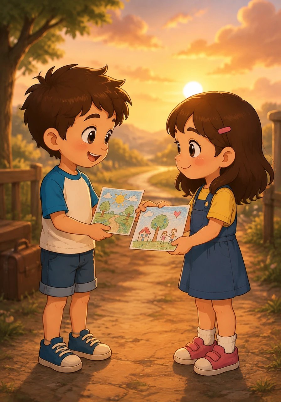 Après de nombreuses aventures et des moments difficiles surmontés ensemble, Léo apprend qu'il peut rentrer chez lui. Il échange des dessins et une promesse de revoir Mia bientôt, le cœur rempli de souvenirs précieux.