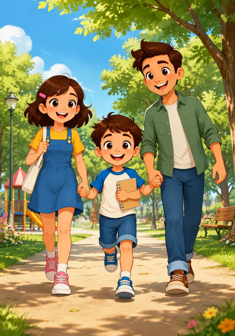 Léo, maintenant guéri et souriant, court dans un parc ensoleillé, tenant la main de ses parents. Il garde précieusement son carnet de dessins de l'hôpital, un rappel doux des amis et des aventures vécues lors de son voyage magique.