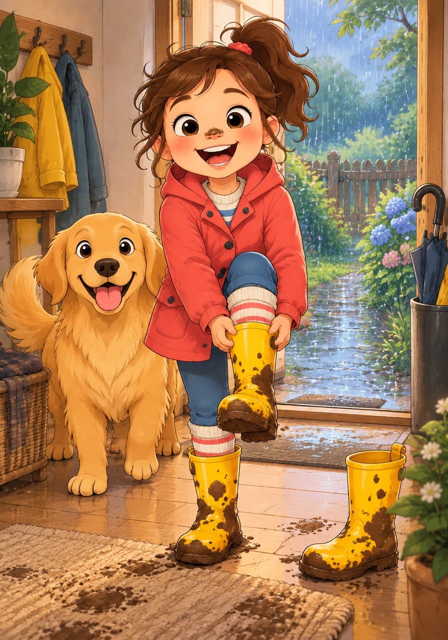 On a crisp and cozy rainy morning, Lily pulled on her bright glossy yellow rain boots. She bounced on her toes, eager to explore the glistening outdoors where raindrops danced gently on the garden grass.