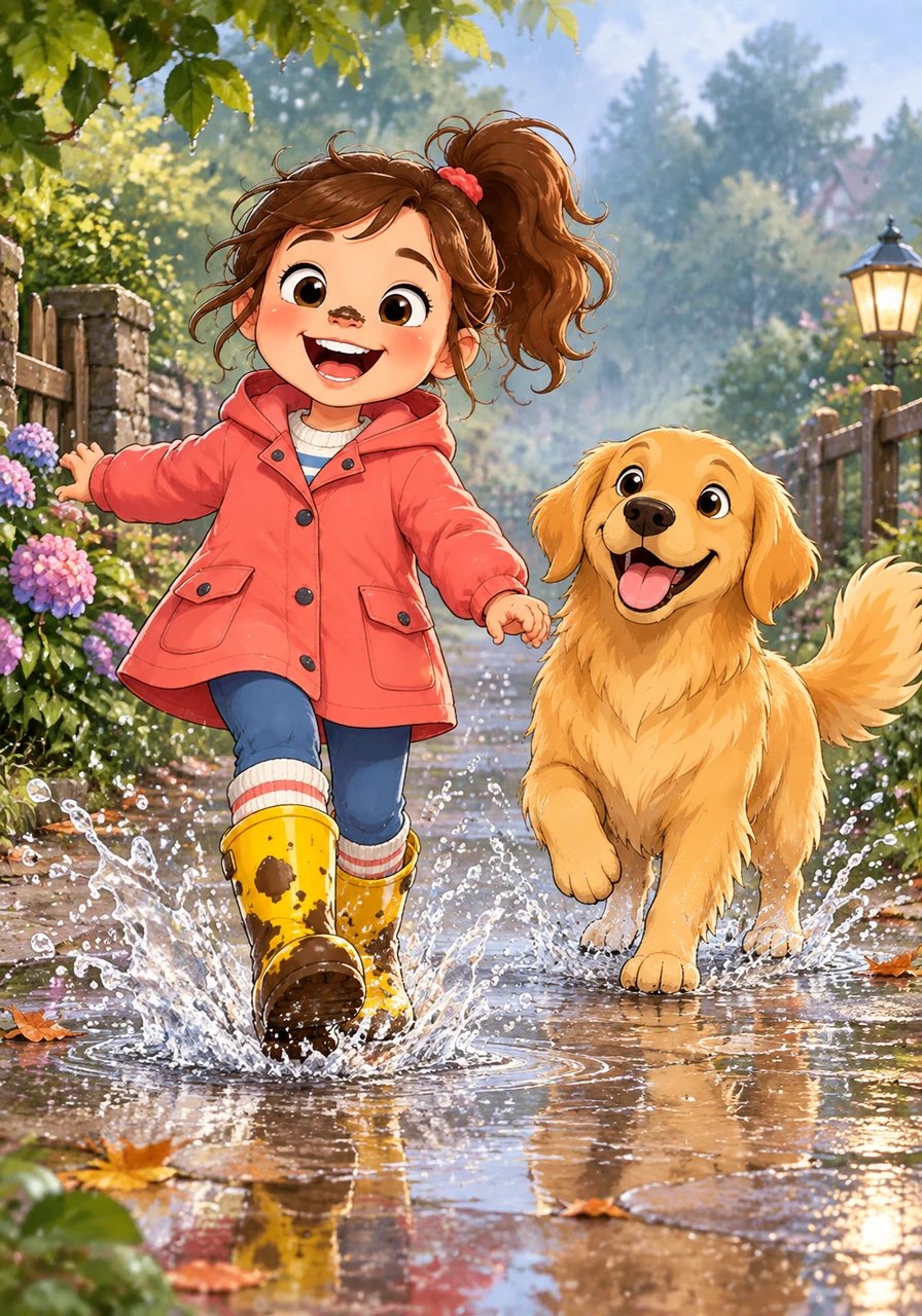 With every step down the wet path, Lily let out a merry chuckle. SPLASH went the puddles, sending silvery drops of water cascading like tiny fountains around her boots.