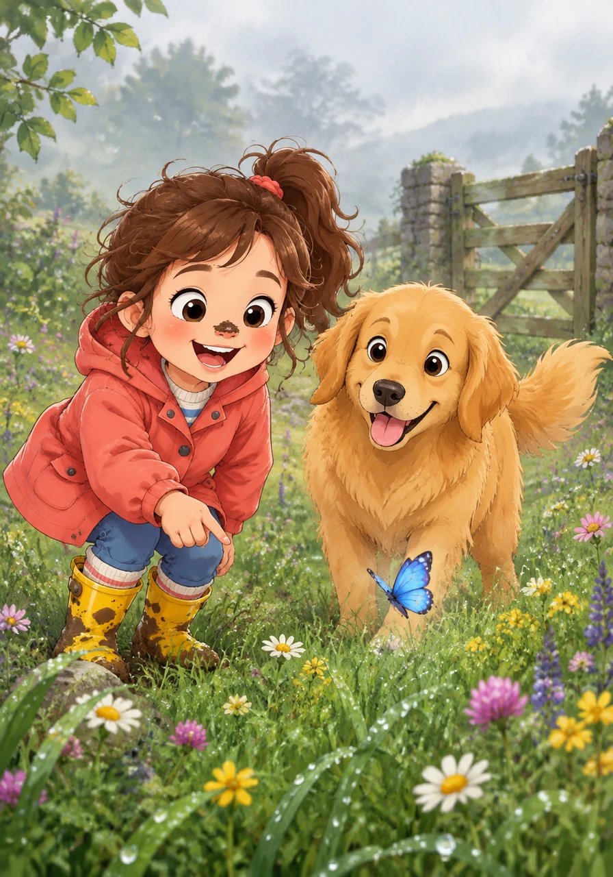 Beyond the garden gate lay the wildflower meadow, glowing softly under the misty gray sky. Lily spotted a tiny blue butterfly fluttering bravely above the soggy grass and decided to follow it.