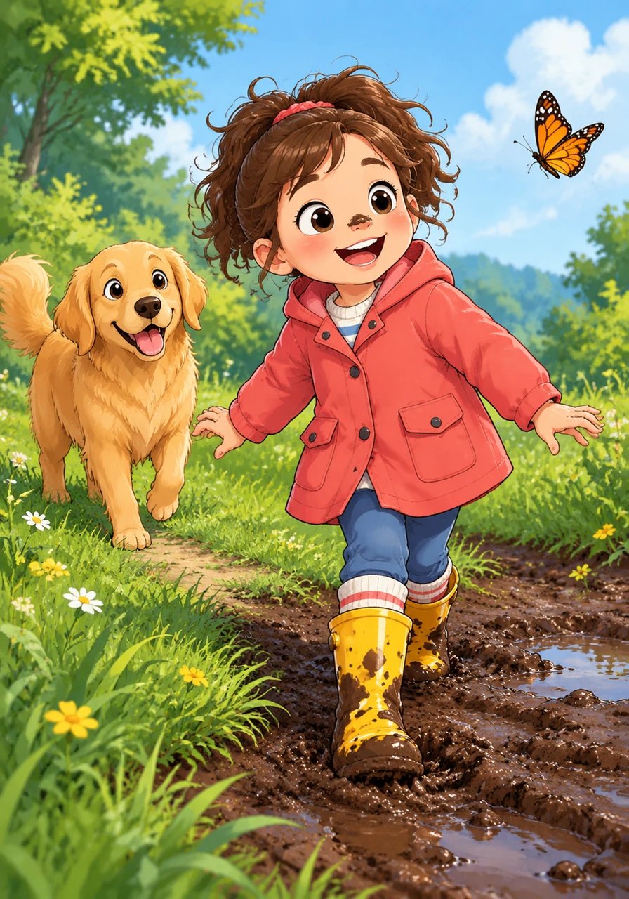 Intrigued by the fluttering butterfly, Lily ventured off the grassy trail and straight toward a soft, dark patch of earth. She didn't realize just how deep and gooey the morning rainfall had turned the soil.