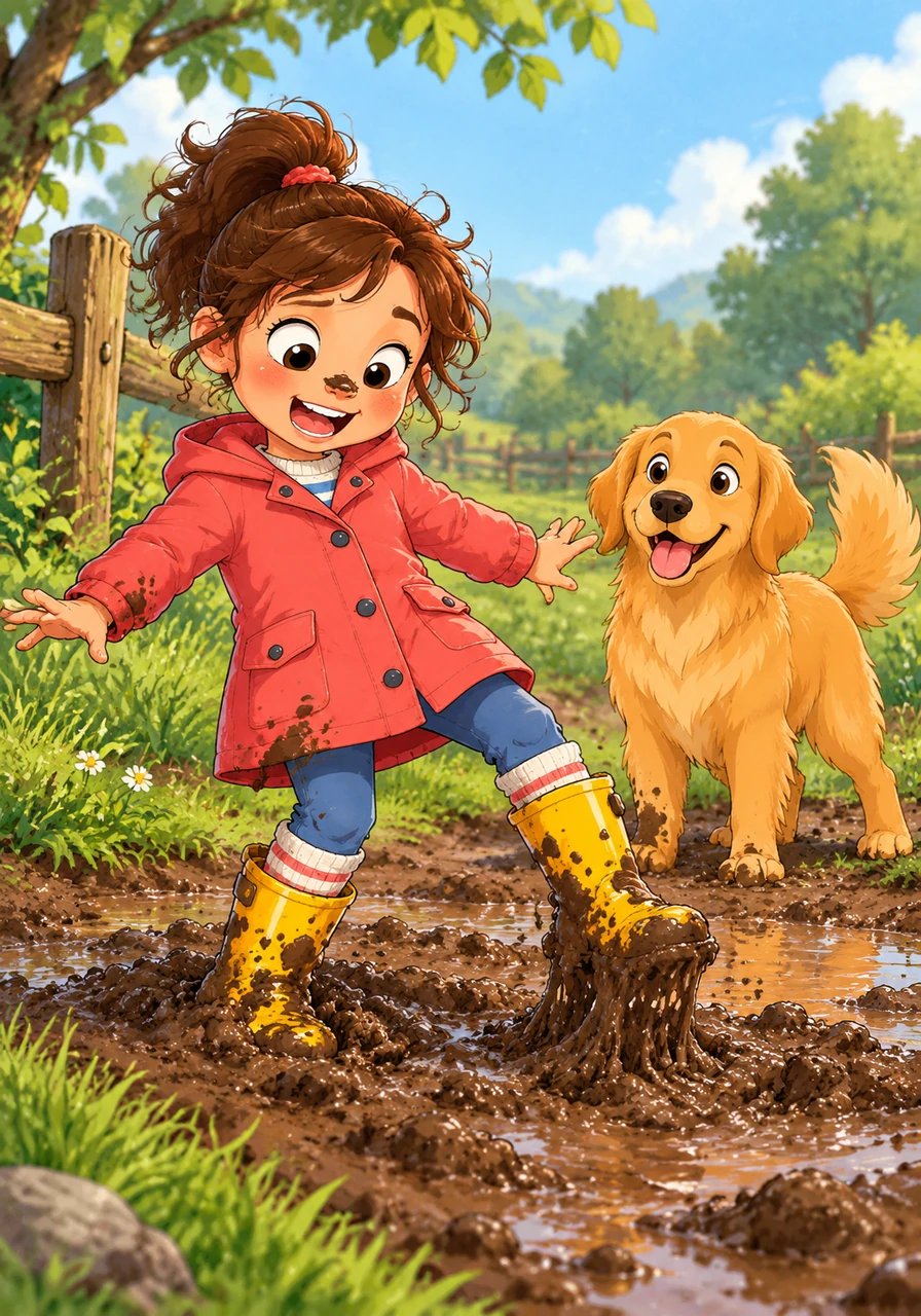 SQUISH! With one eager step, both of Lily's yellow boots sank deep into the thick, sticky mud. She gave a little tug, but the mud held onto her boots like a warm, stubborn hug.