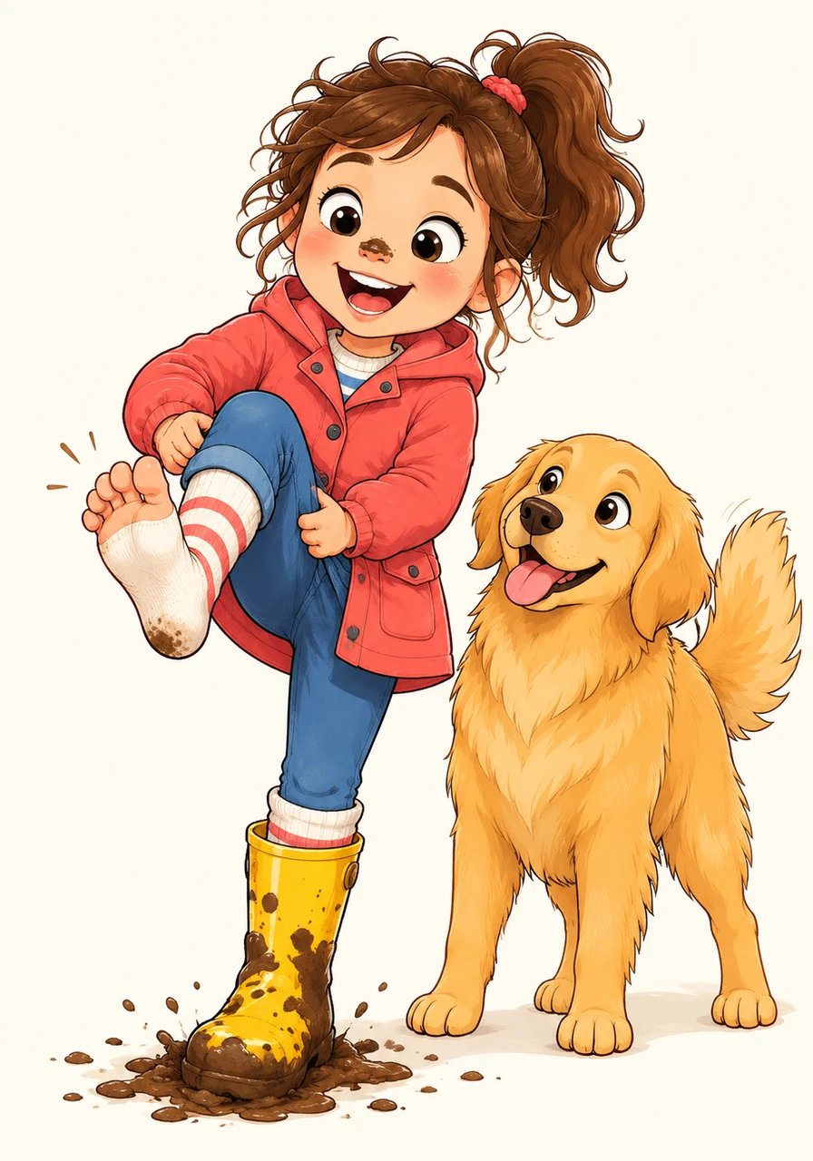 Lily pulled her right leg up with a big giggle, but out popped her socked foot while the yellow boot stayed firmly planted! Laughing happily, she wiggled her cozy toes in the cool air before slipping her foot back inside.