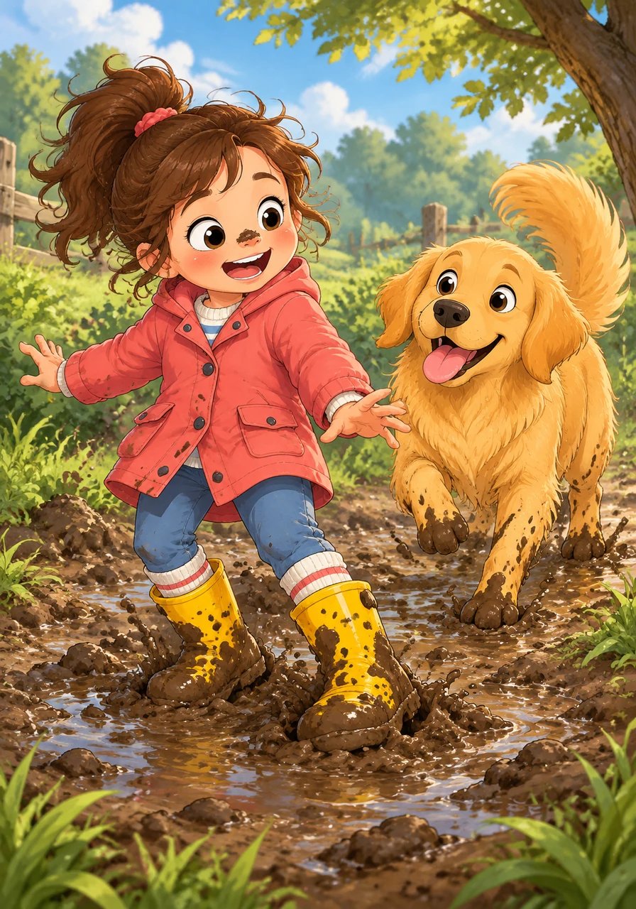 Just then, her playful golden retriever Barnaby trotted over with a happy bark. Seeing his best friend stuck in the squelchy mud patch, Barnaby wagged his tail, ready to join the grand rescue mission.